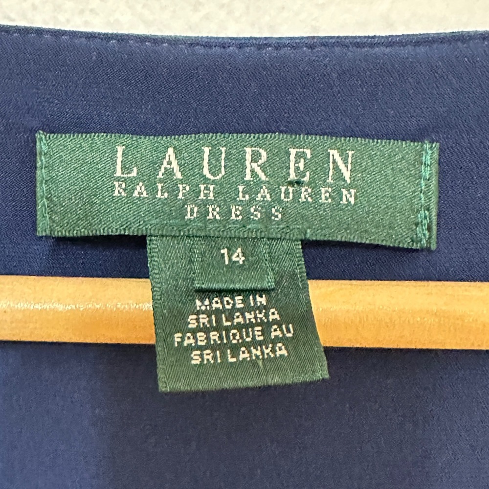 Lauren Ralph Lauren Ruched Dress Womens 14 Navy Surplice Sheath Stretch Classic - Picture 5 of 10